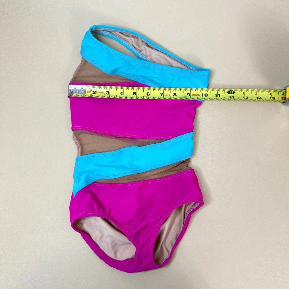 AA Dance Costumes FLORIDA Leotard Pink Blue Mesh Cut Out Child Med CM Photoshoot